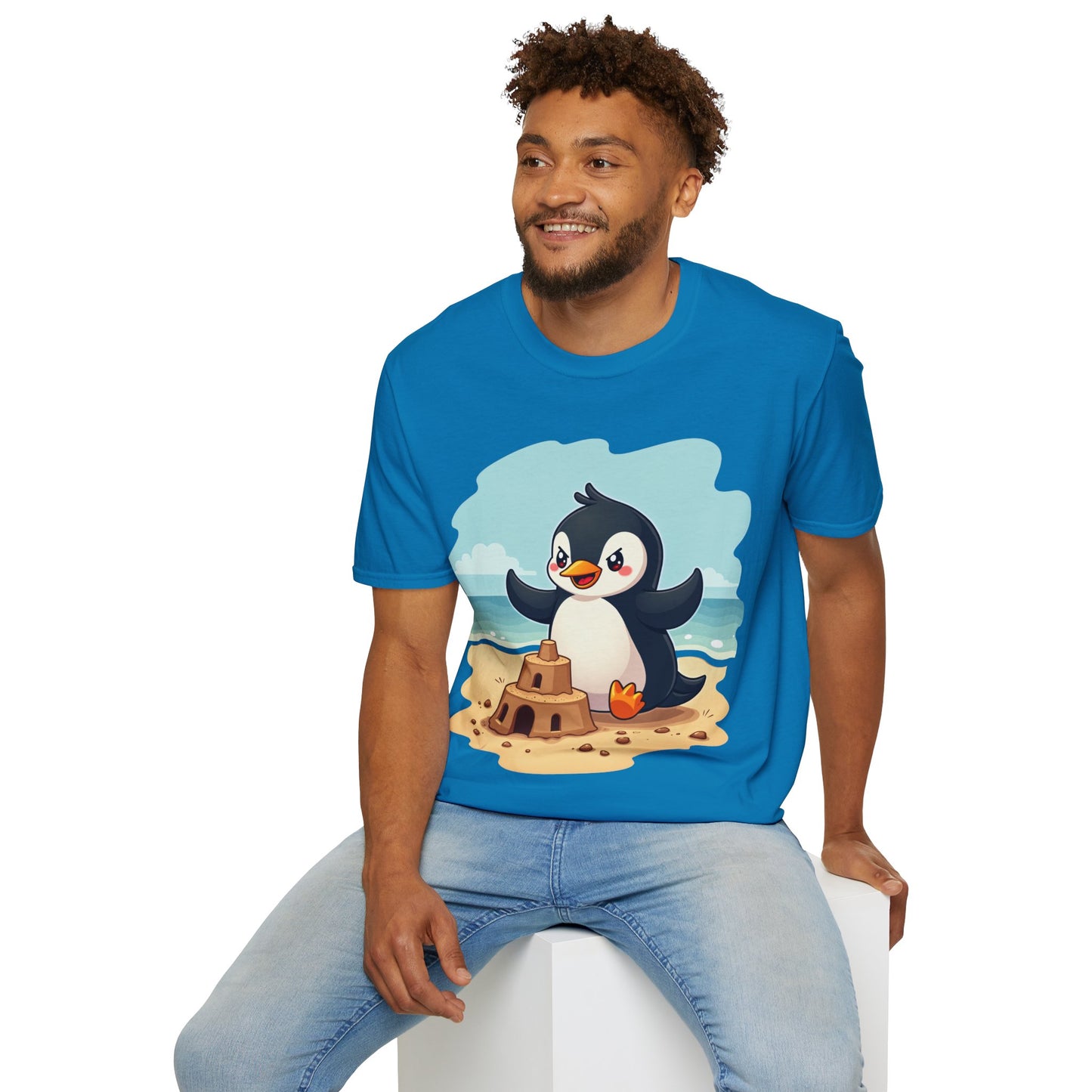 Penguin Sandcastle Unisex T-Shirt - Penguin's day on a beach Tee