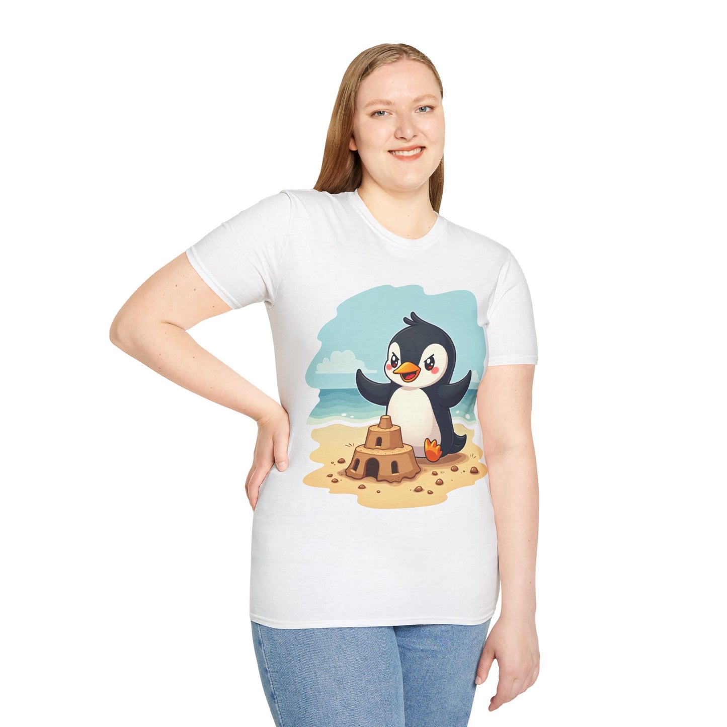 Penguin Sandcastle Unisex T-Shirt - Penguin's day on a beach Tee