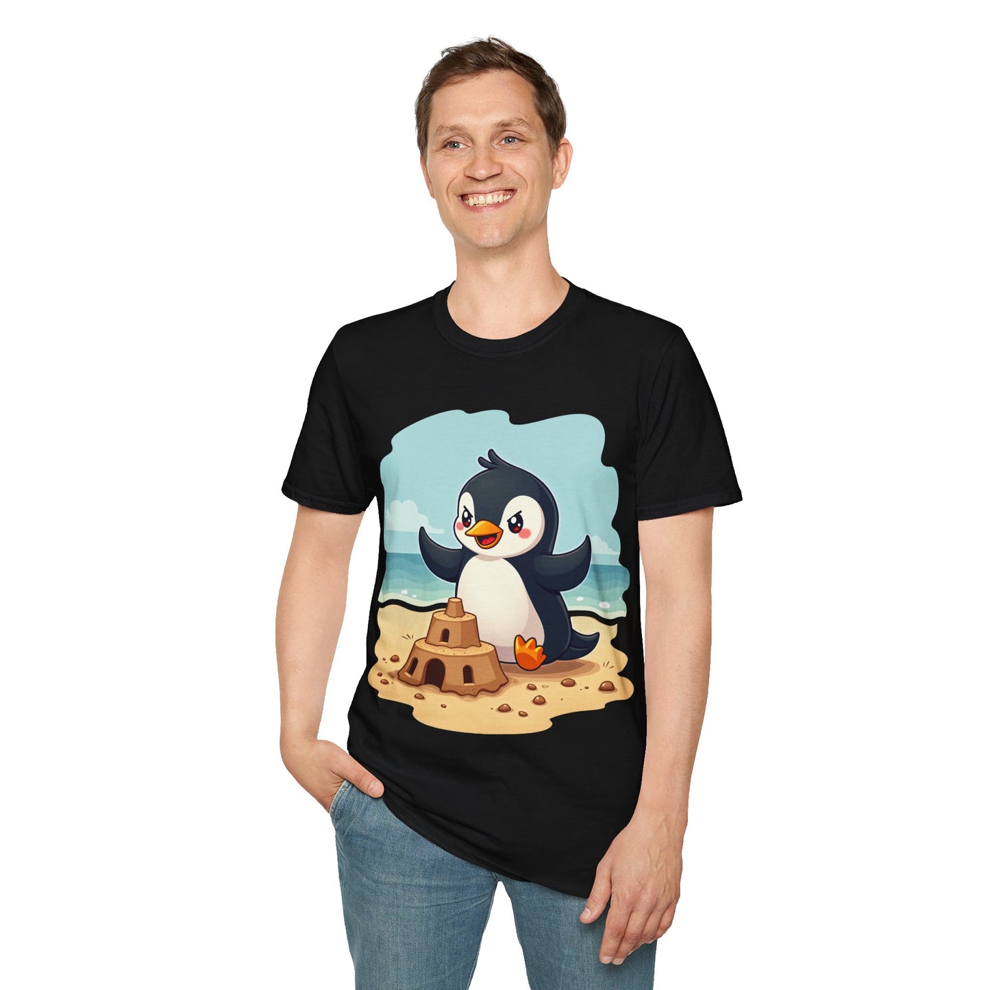 Penguin Sandcastle Unisex T-Shirt - Penguin's day on a beach Tee