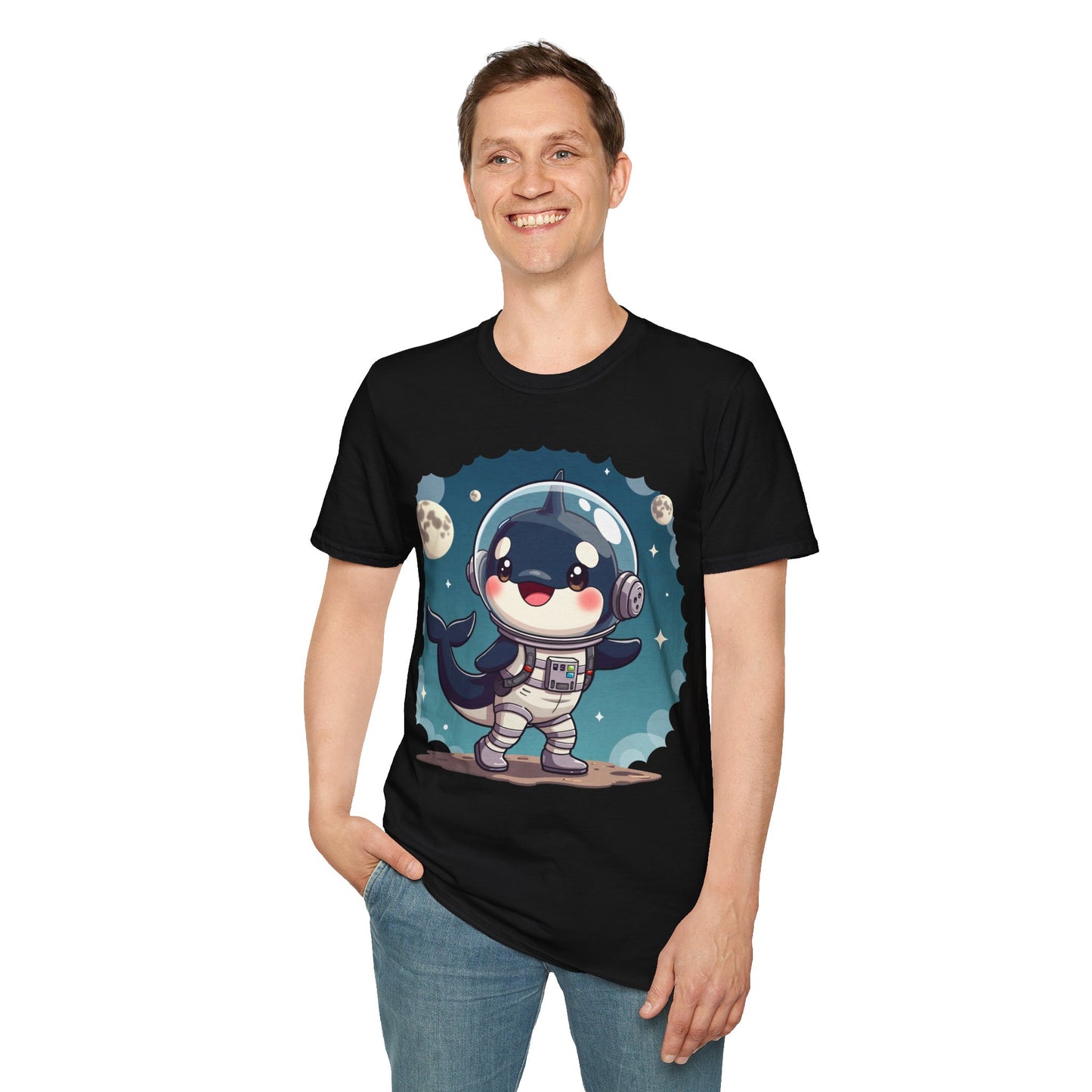 Space Orca Softstyle T-Shirt - Orca in a Spacesuit Walking on the Moon