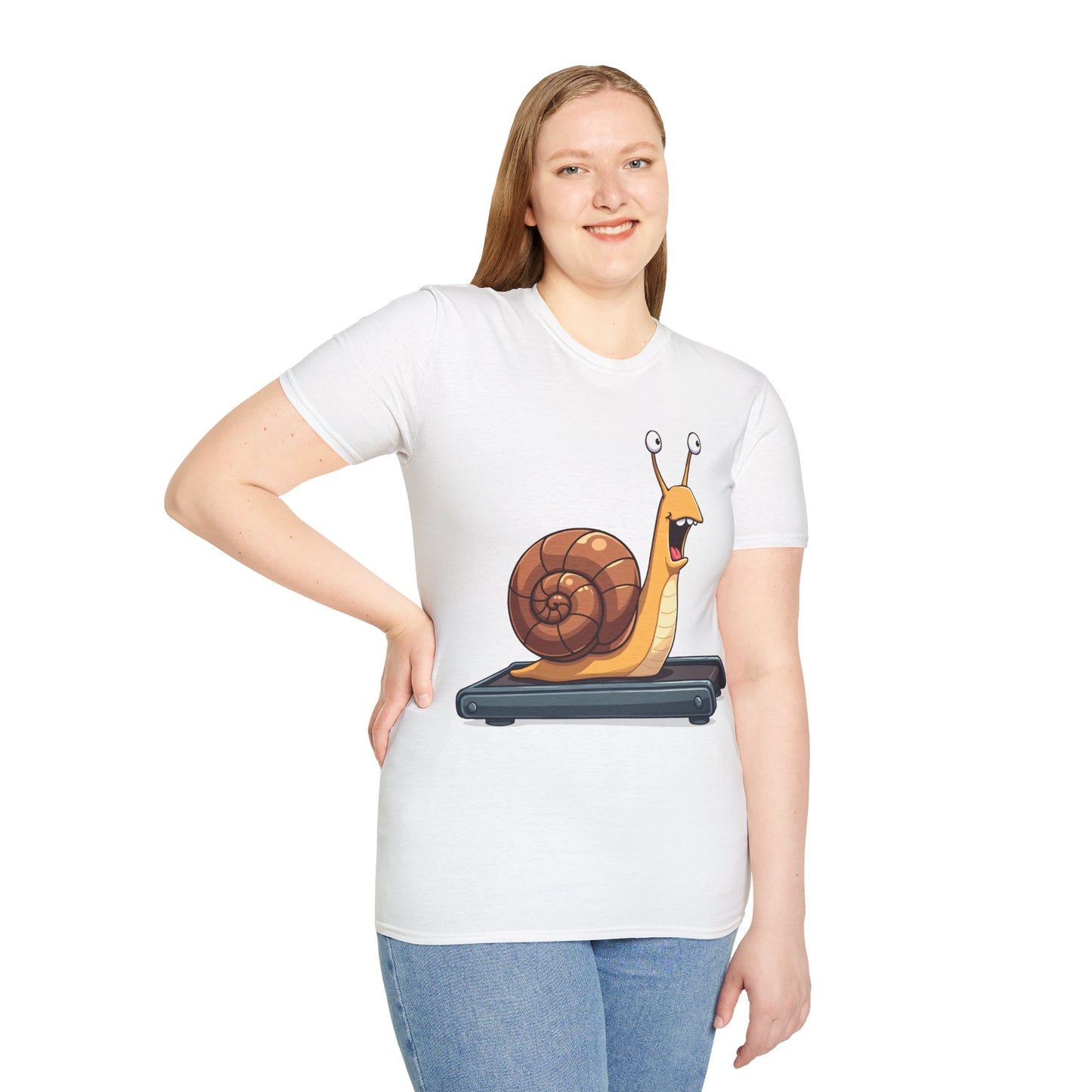 Snail Exercising Funny Unisex T-Shirt - Snail Running on a Treadmill Tee
