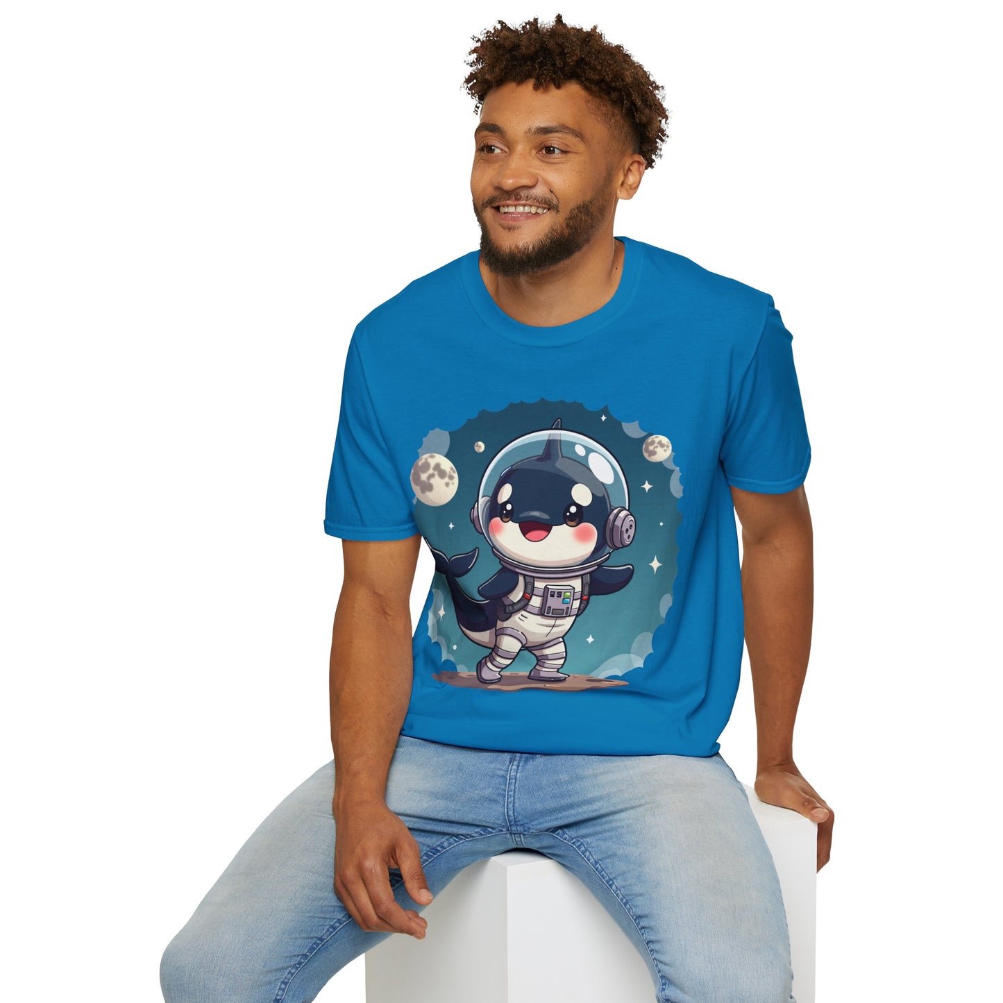 Space Orca Softstyle T-Shirt - Orca in a Spacesuit Walking on the Moon