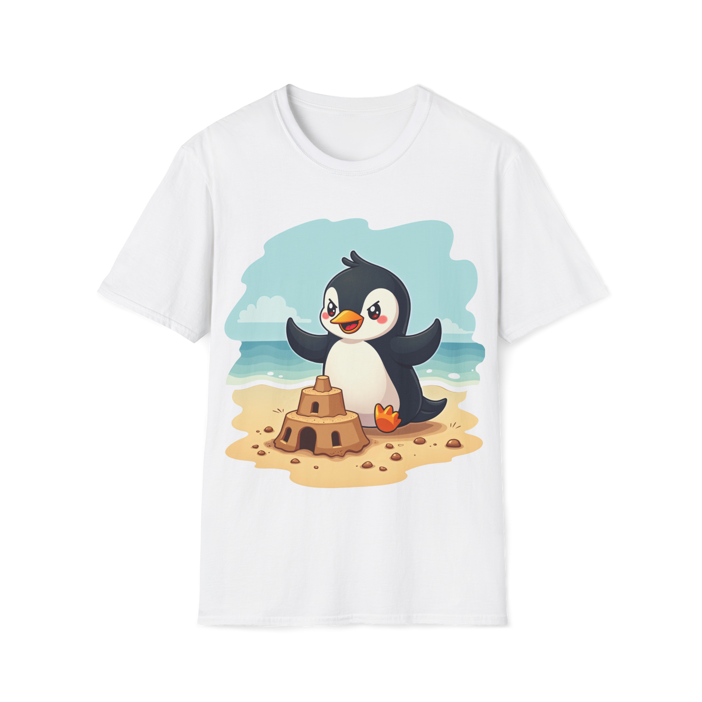 Penguin Sandcastle Unisex T-Shirt - Penguin's day on a beach Tee
