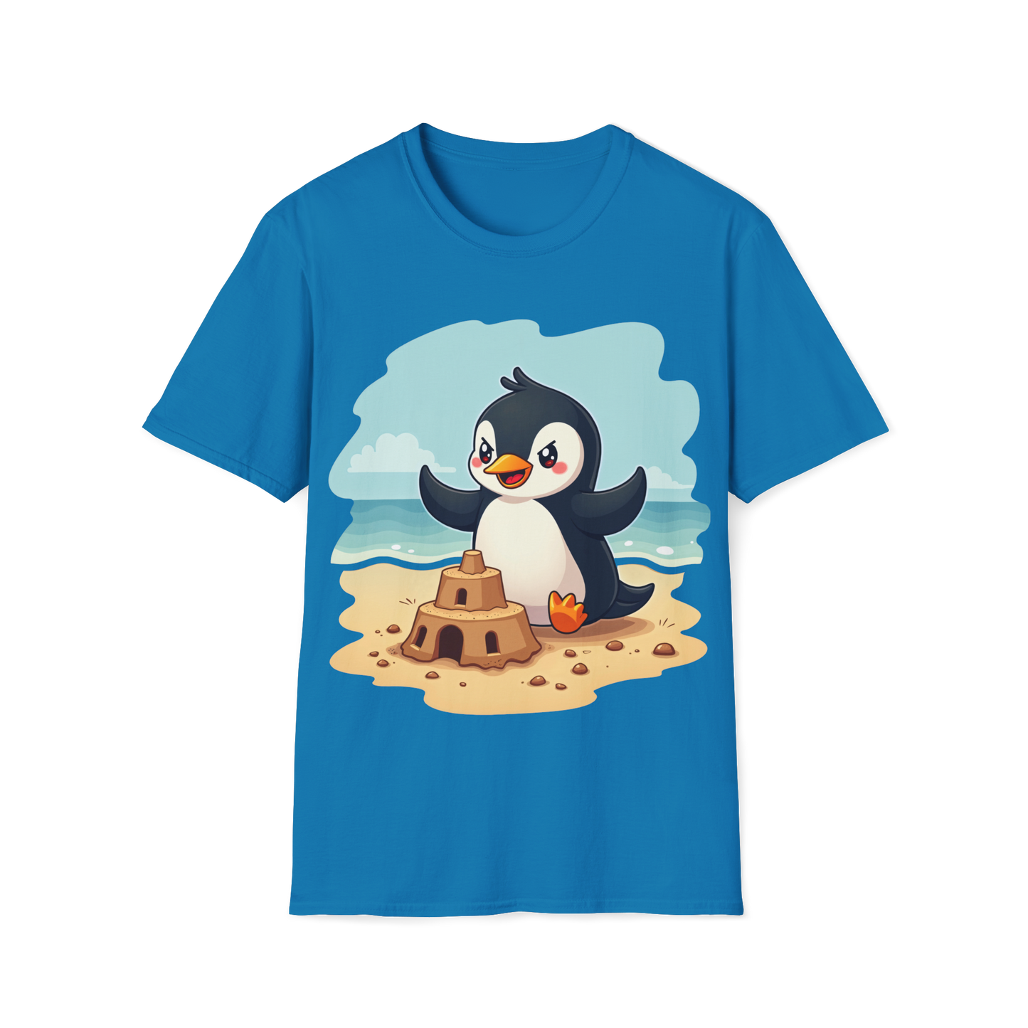 Penguin Sandcastle Unisex T-Shirt - Penguin's day on a beach Tee