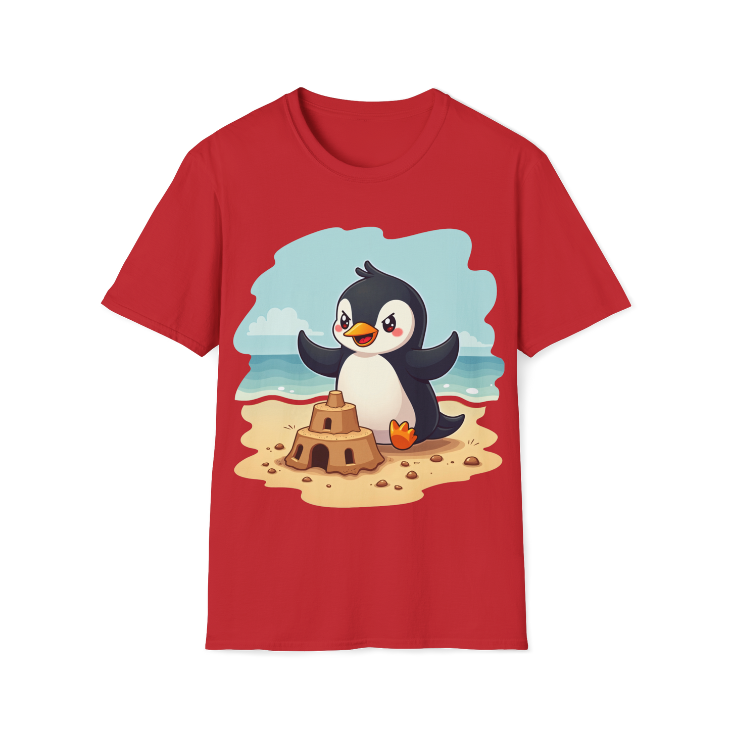 Penguin Sandcastle Unisex T-Shirt - Penguin's day on a beach Tee