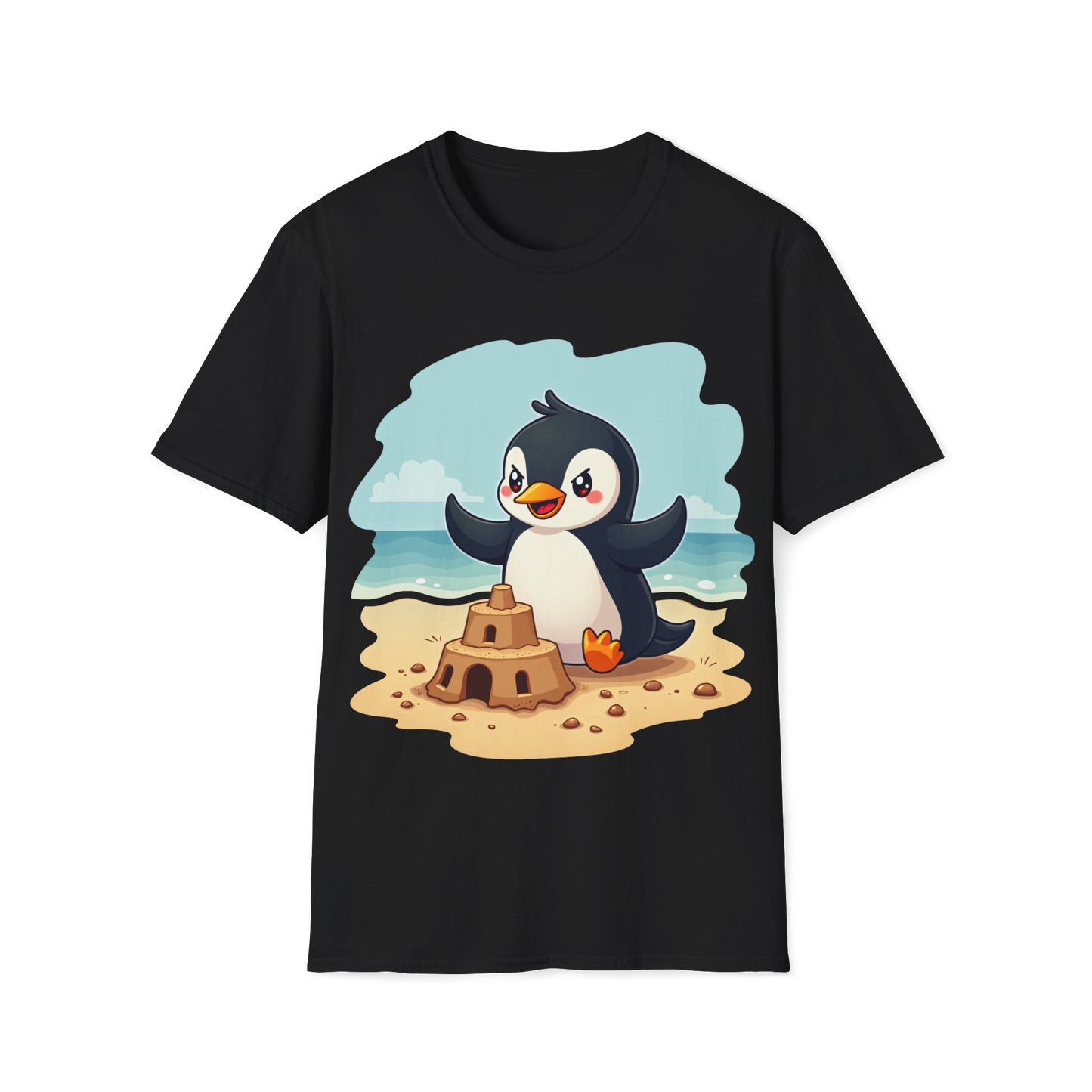 Penguin Sandcastle Unisex T-Shirt - Penguin's day on a beach Tee