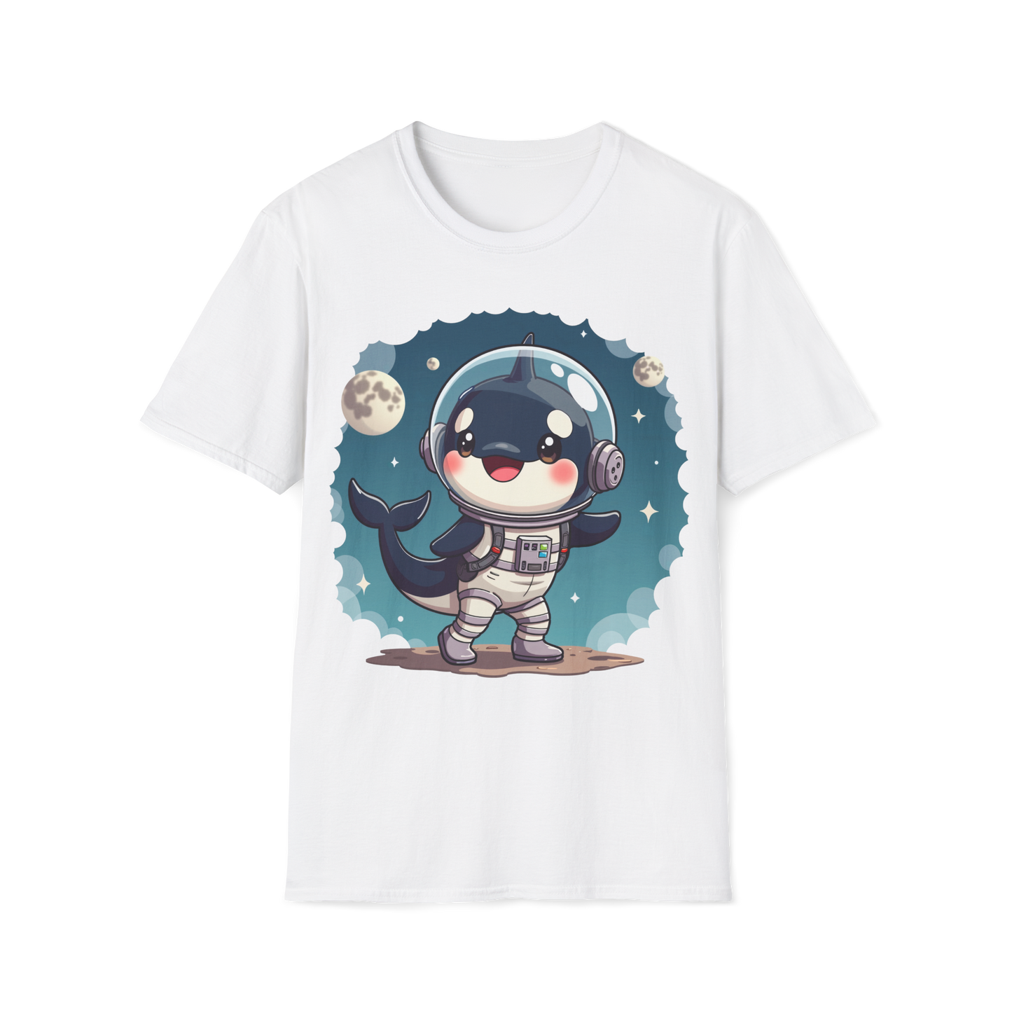 Space Orca Softstyle T-Shirt - Orca in a Spacesuit Walking on the Moon