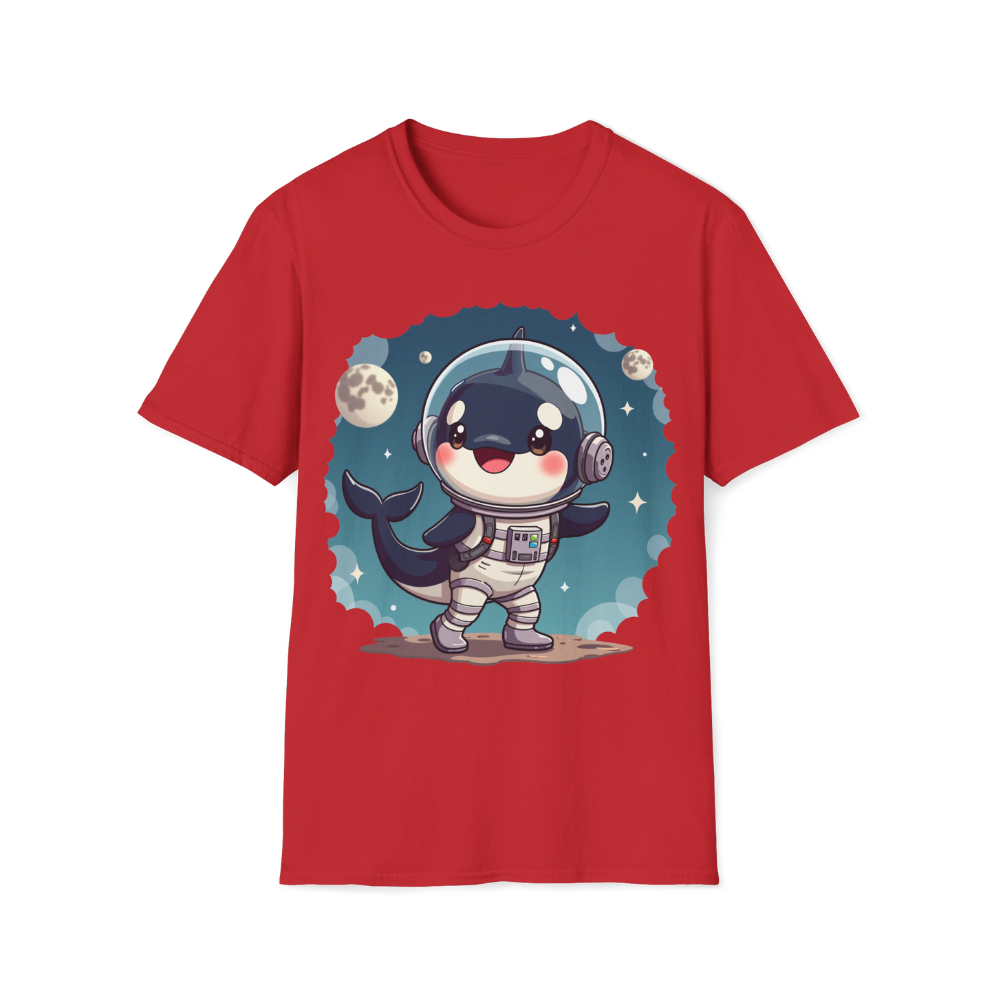 Space Orca Softstyle T-Shirt - Orca in a Spacesuit Walking on the Moon