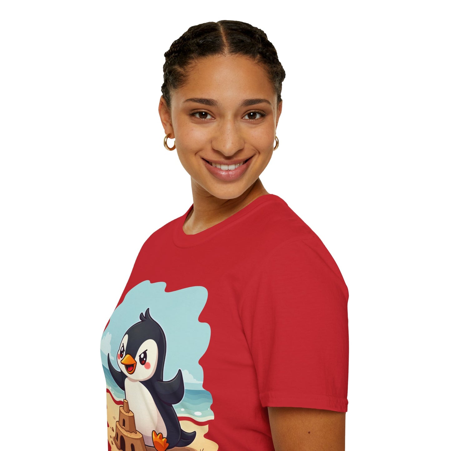 Penguin Sandcastle Unisex T-Shirt - Penguin's day on a beach Tee