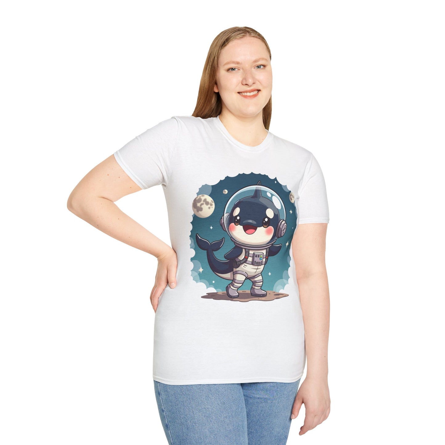 Space Orca Softstyle T-Shirt - Orca in a Spacesuit Walking on the Moon