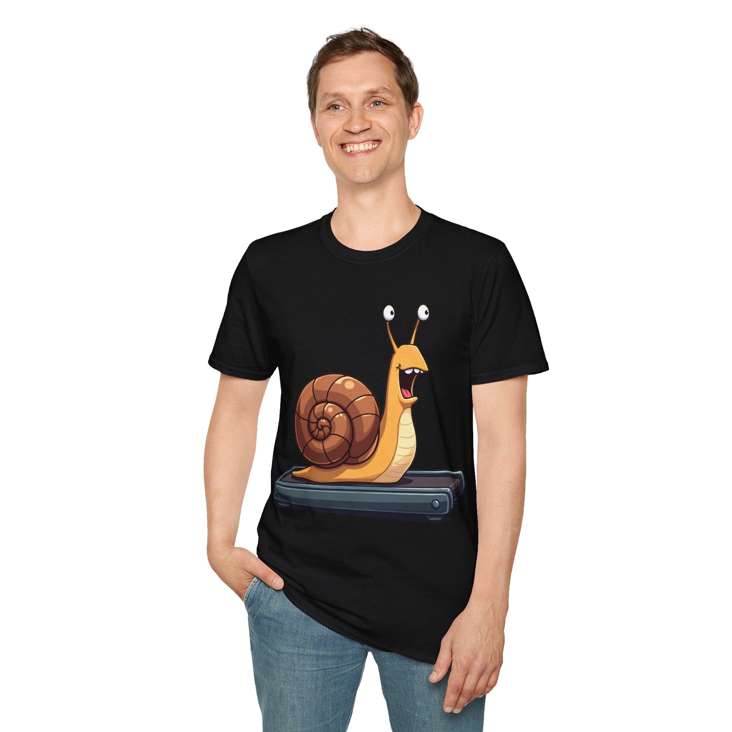 Snail Exercising Funny Unisex T-Shirt - Snail Running on a Treadmill Tee