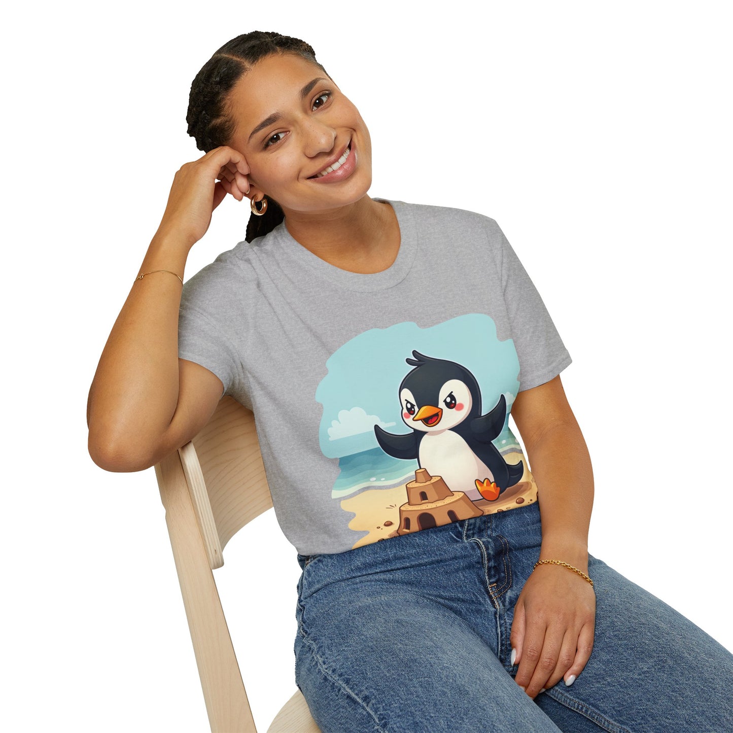 Penguin Sandcastle Unisex T-Shirt - Penguin's day on a beach Tee