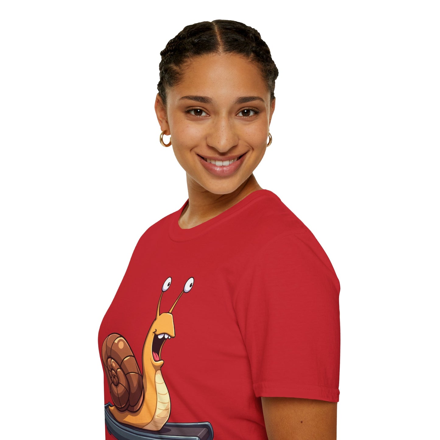 Snail Exercising Funny Unisex T-Shirt - Snail Running on a Treadmill Tee