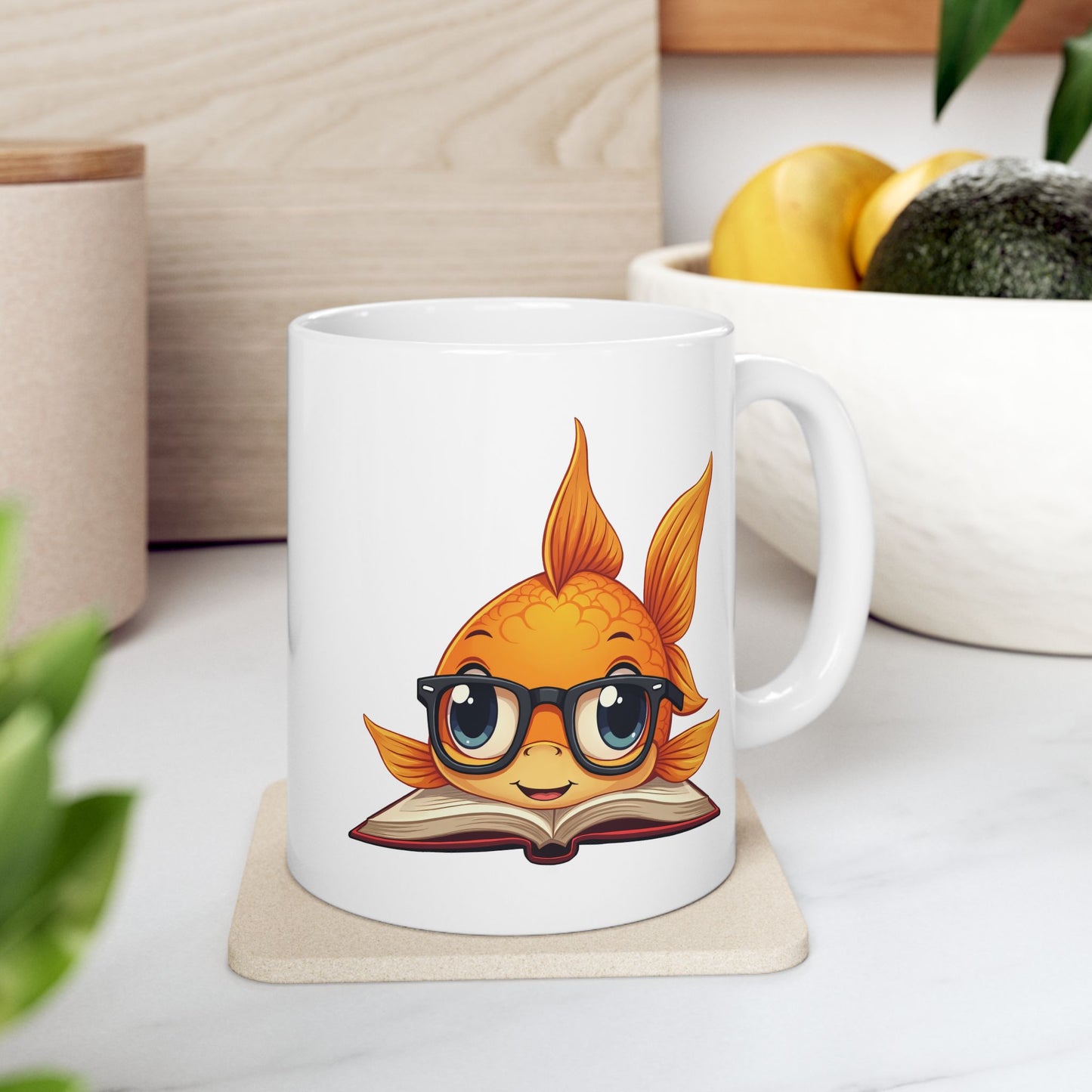 Goldfish Reading a Book Mug - Smart Goldfish Coffee Cup 11oz