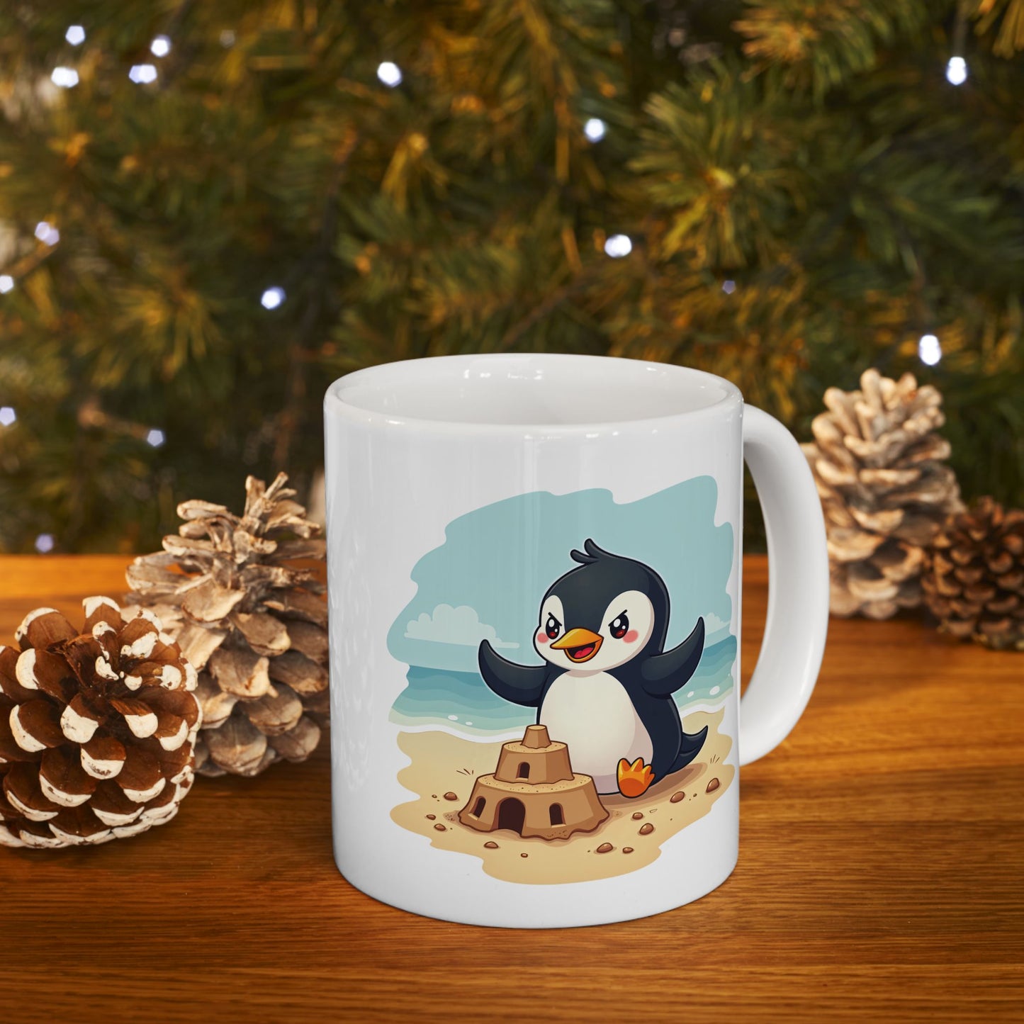 Penguin Sandcastle Mug — Penguin's day on a beach Coffee Cup 11oz