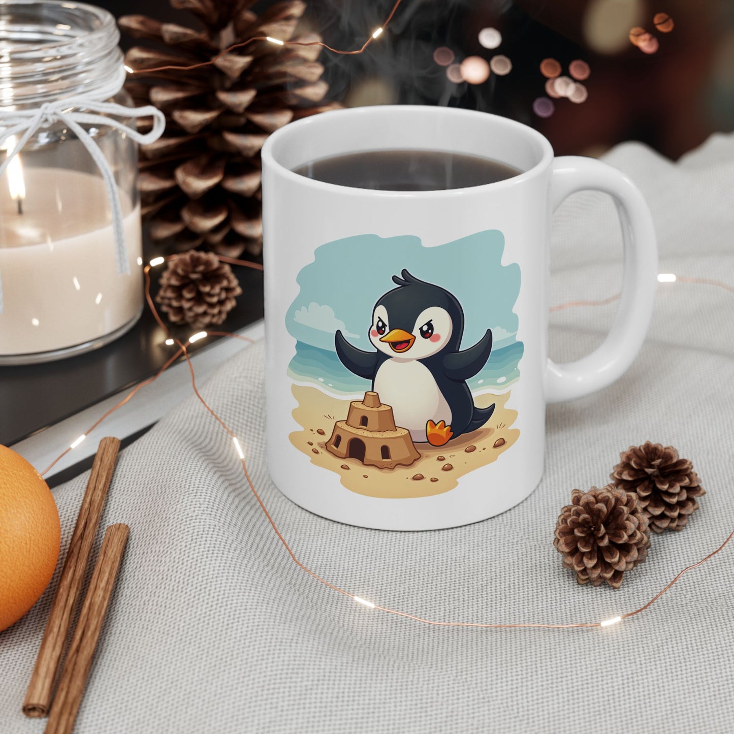 Penguin Sandcastle Mug — Penguin's day on a beach Coffee Cup 11oz