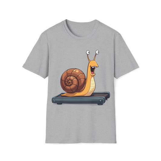 Snail Exercising Funny Unisex T-Shirt - Snail Running on a Treadmill Tee