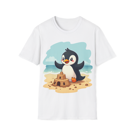 Penguin Sandcastle Unisex T-Shirt - Penguin's day on a beach Tee