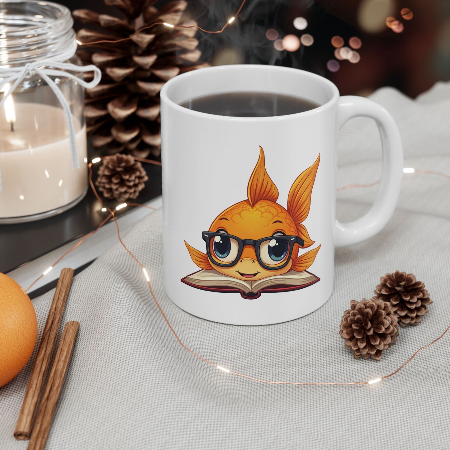 Goldfish Reading a Book Mug - Smart Goldfish Coffee Cup 11oz
