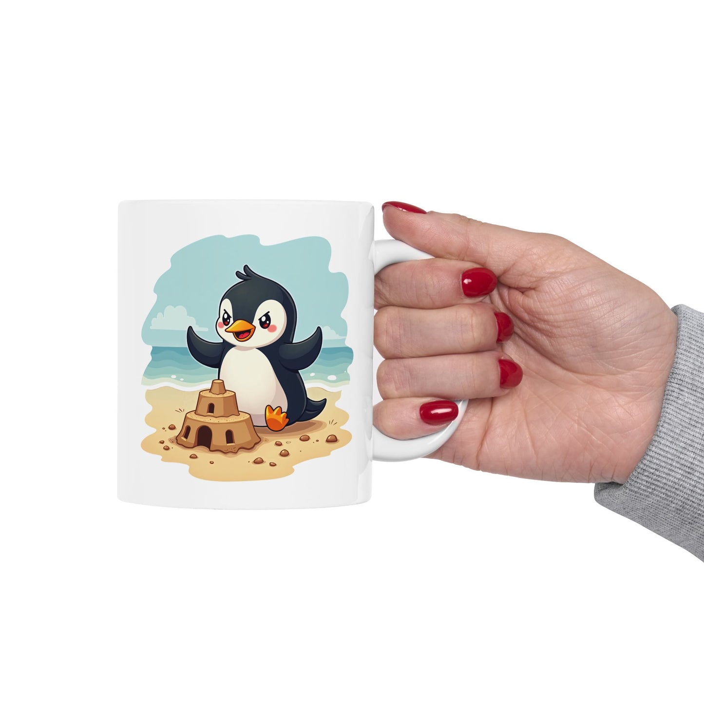 Penguin Sandcastle Mug — Penguin's day on a beach Coffee Cup 11oz