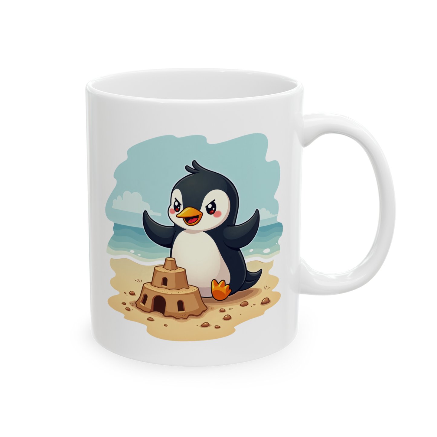Penguin Sandcastle Mug — Penguin's day on a beach Coffee Cup 11oz