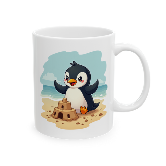 Penguin Sandcastle Mug — Penguin's day on a beach Coffee Cup 11oz